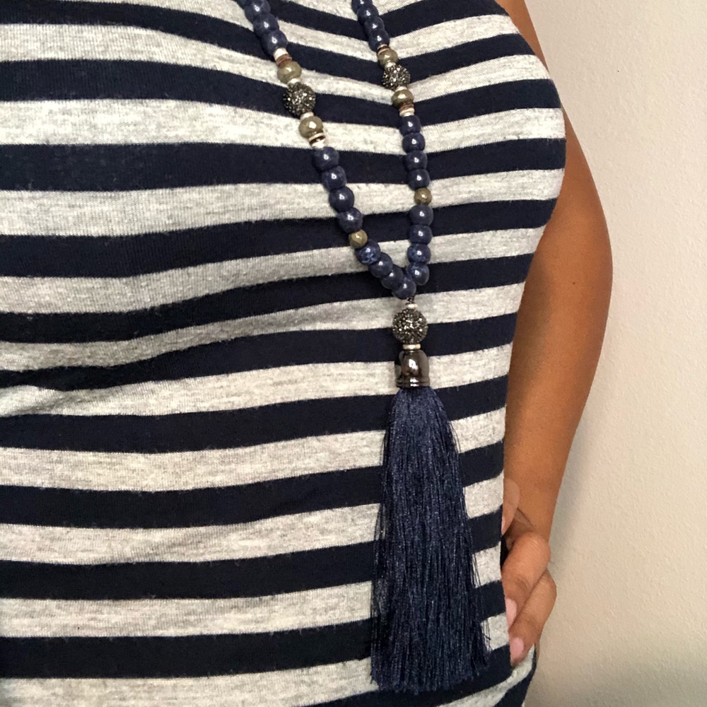 Blue Beaded Necklace with Tassel